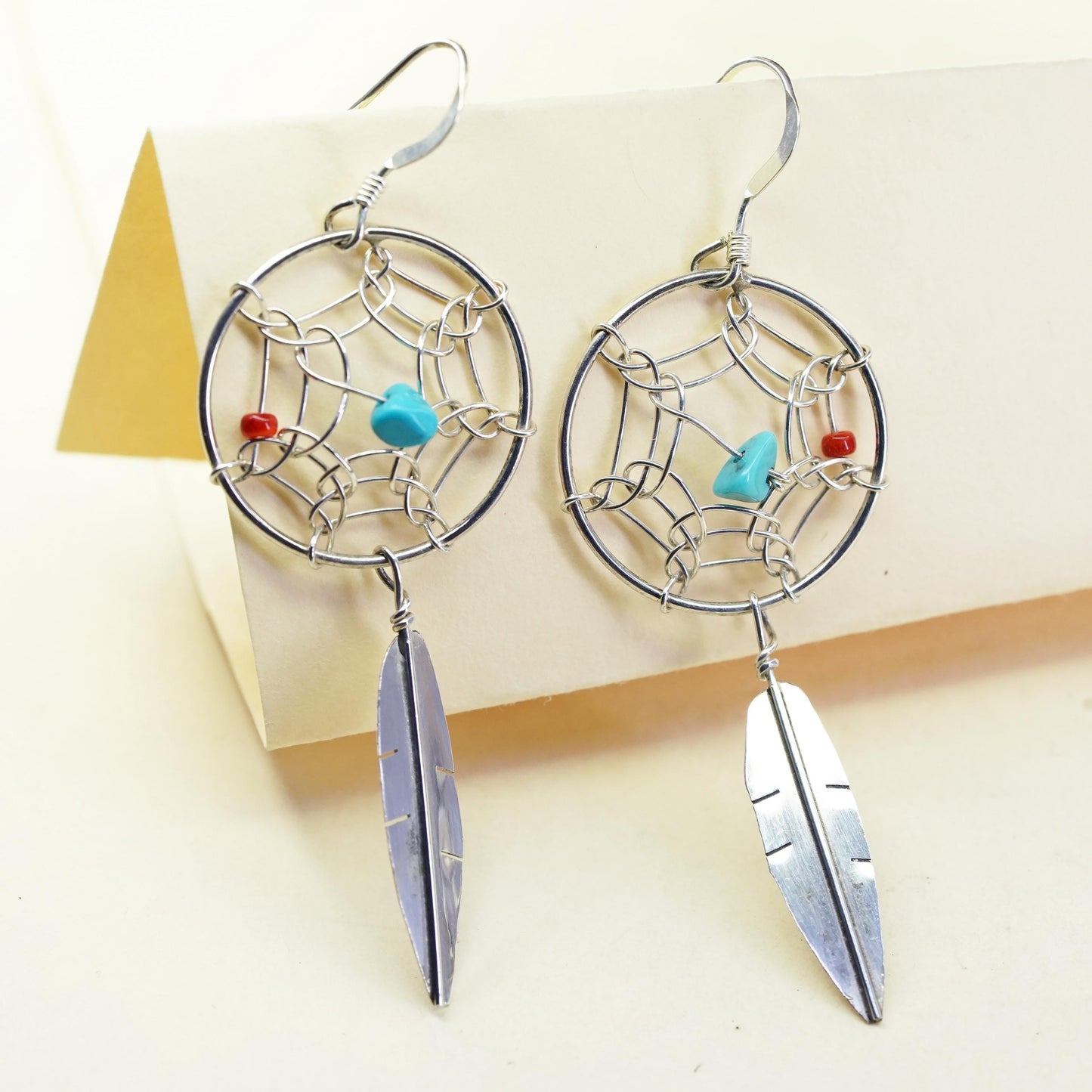 Native American Sterling silver earrings, 925 turquoise coral feather dangles