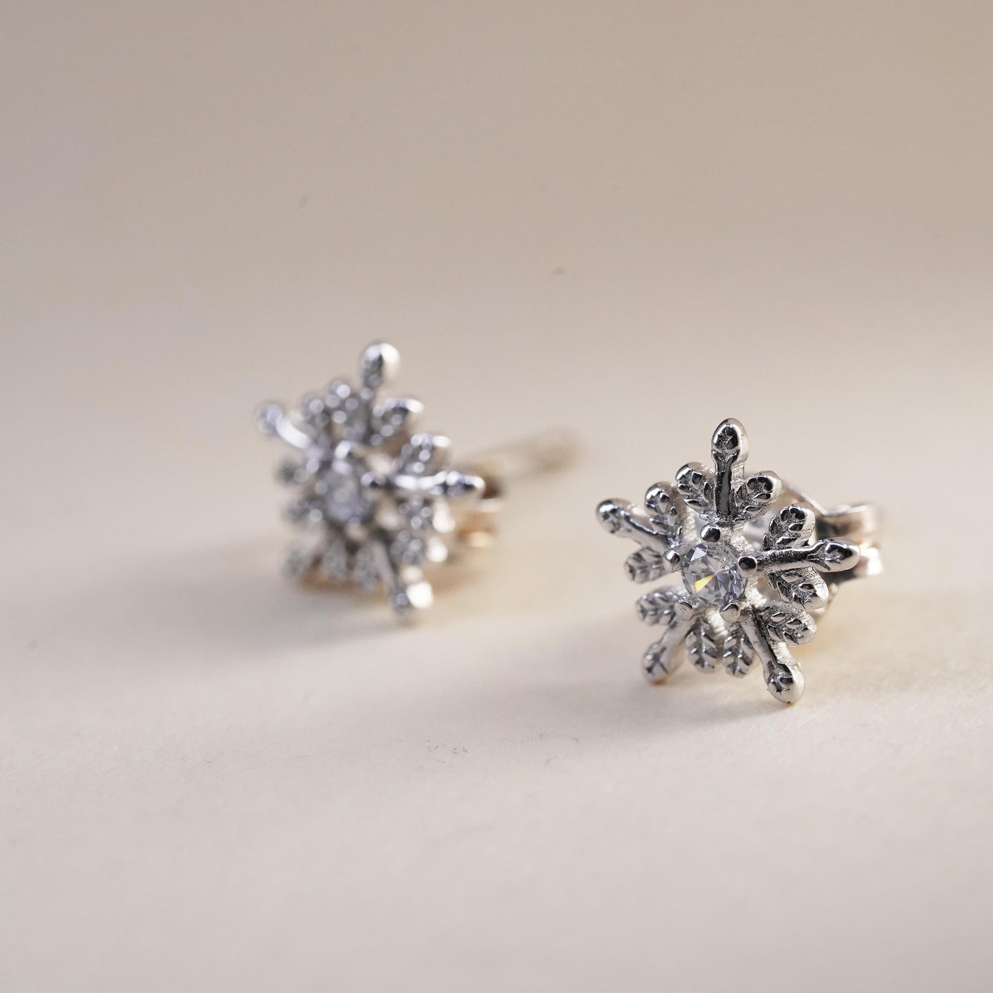 Vintage sterling silver clear crystal earrings, snowflake CZ studs