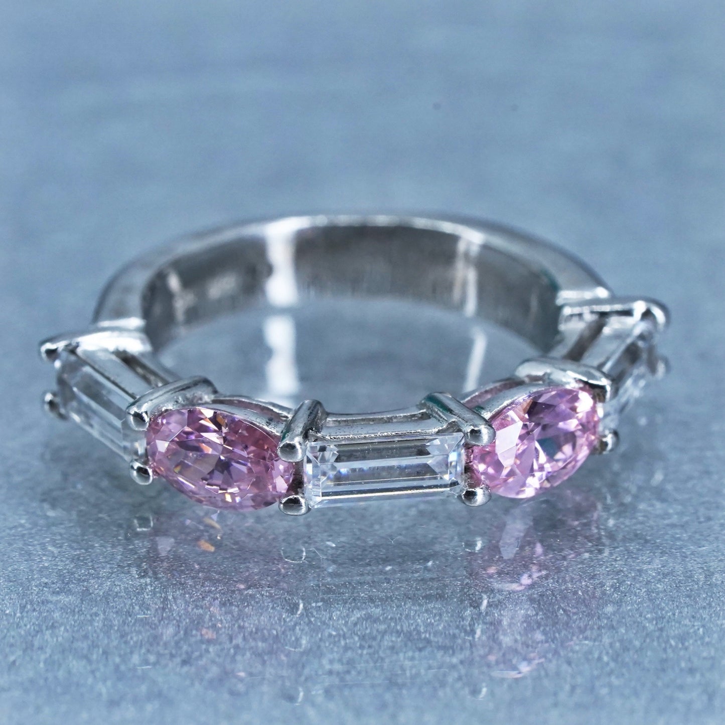 Size 4.5, vintage Sterling 925 silver wedding ring, Cz stackable band