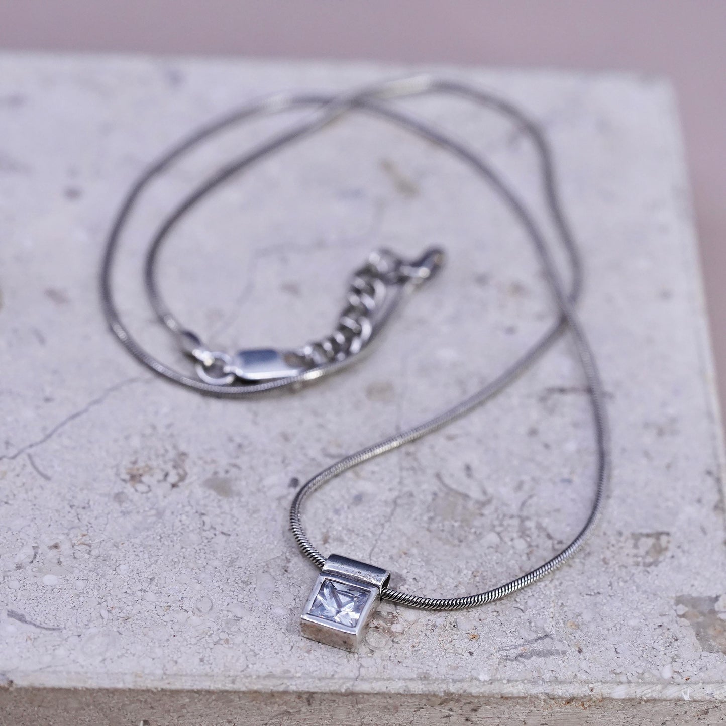15+1", vintage Sterling silver necklace, 925 snake chain with square cz pendant