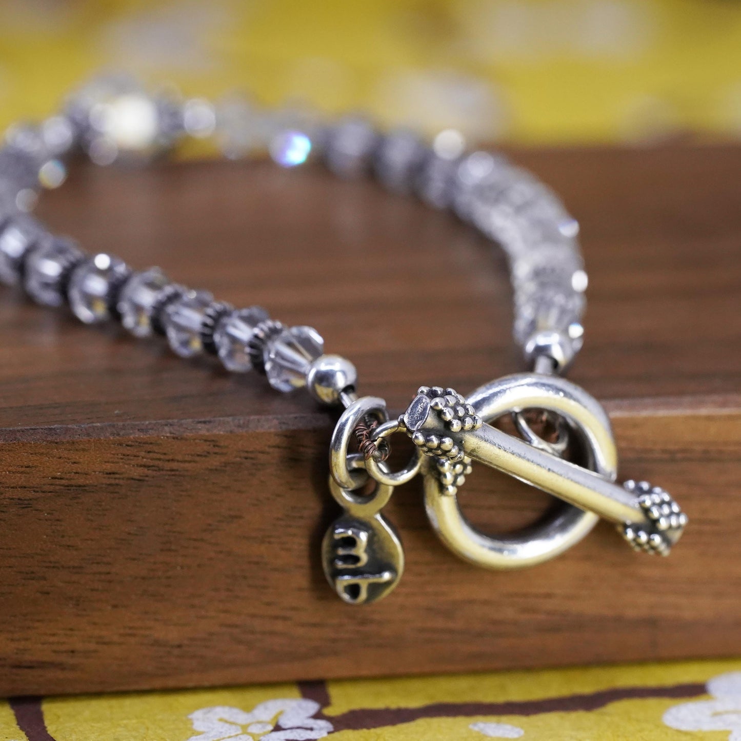 6.75”, MB Sterling silver bracelet, 925 beads with crystal and toggle closure