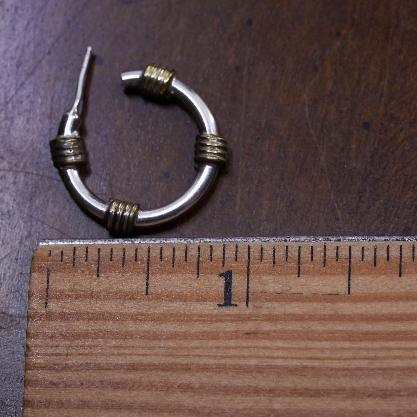 Vintage two tone Mexican single earring. Sterling 925 silver huggie stud