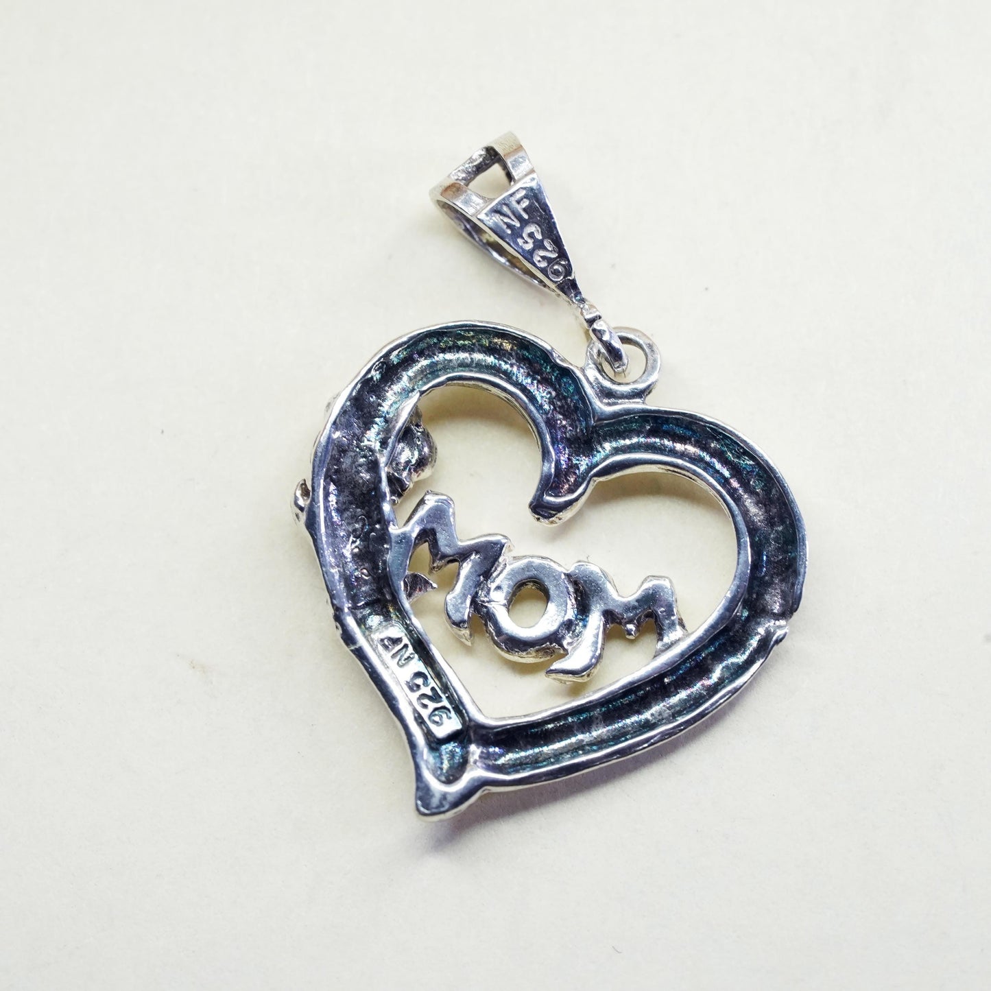 Vintage Sterling silver pendant, rose flower heart with "mom", 925 pendant
