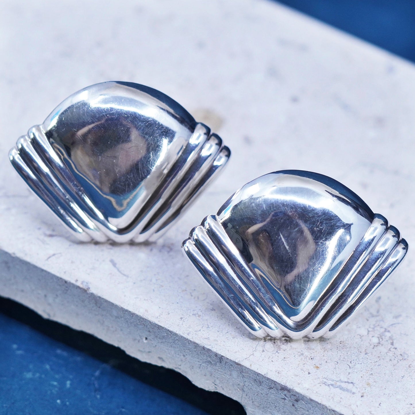 Vintage sterling silver handmade earrings, 925 fan ribbed studs