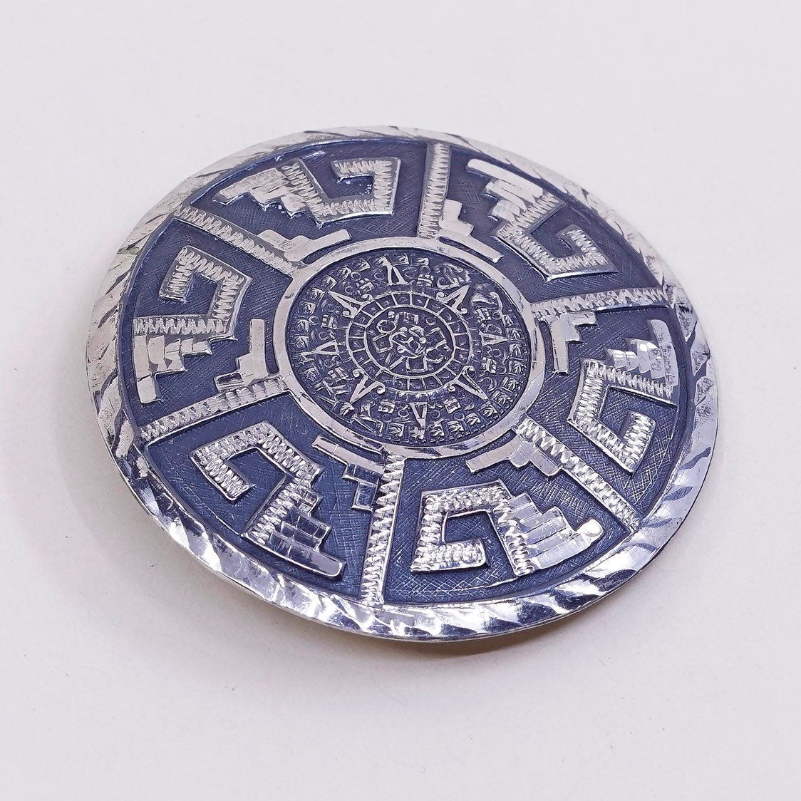 Vintage EVB sterling silver handmade brooch, solid 925 silver mayan calendar pendant, stamped 925 handmade