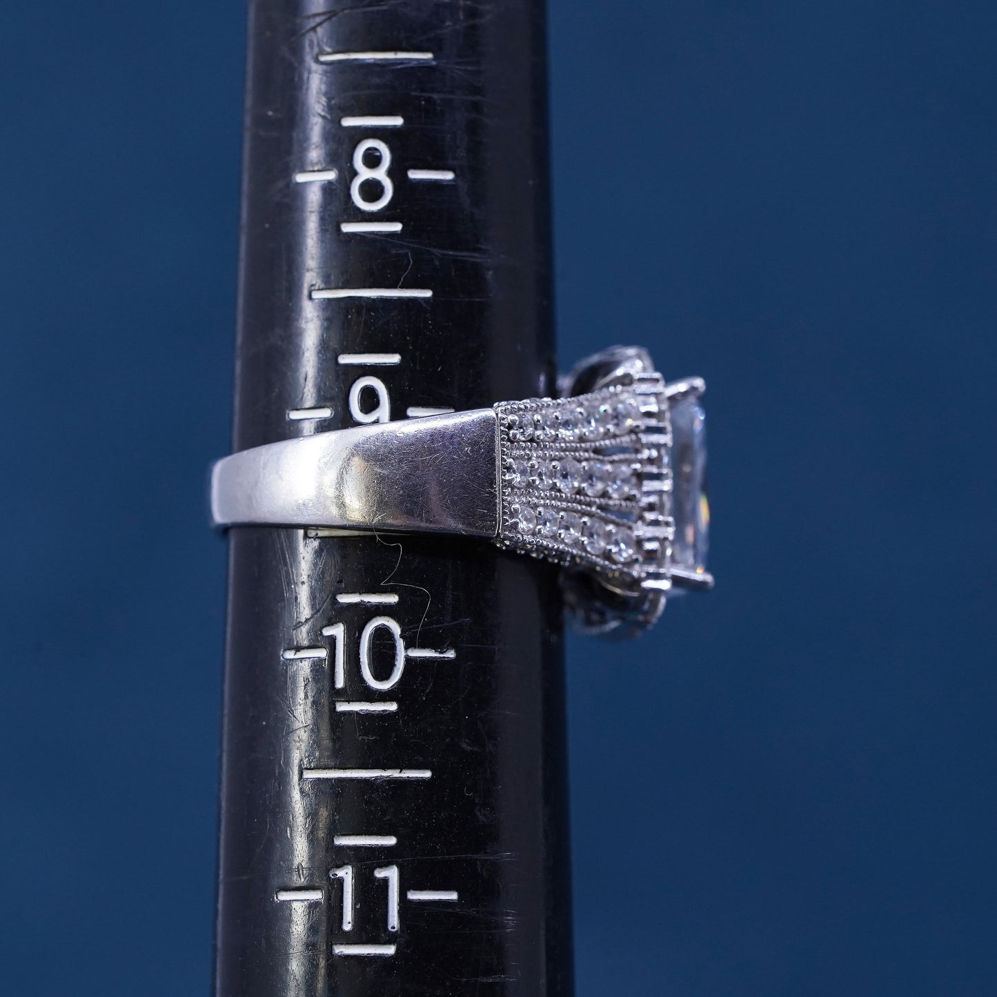 Size 9, vintage Sterling 925 silver engagement anniversary ring with cluster Cz