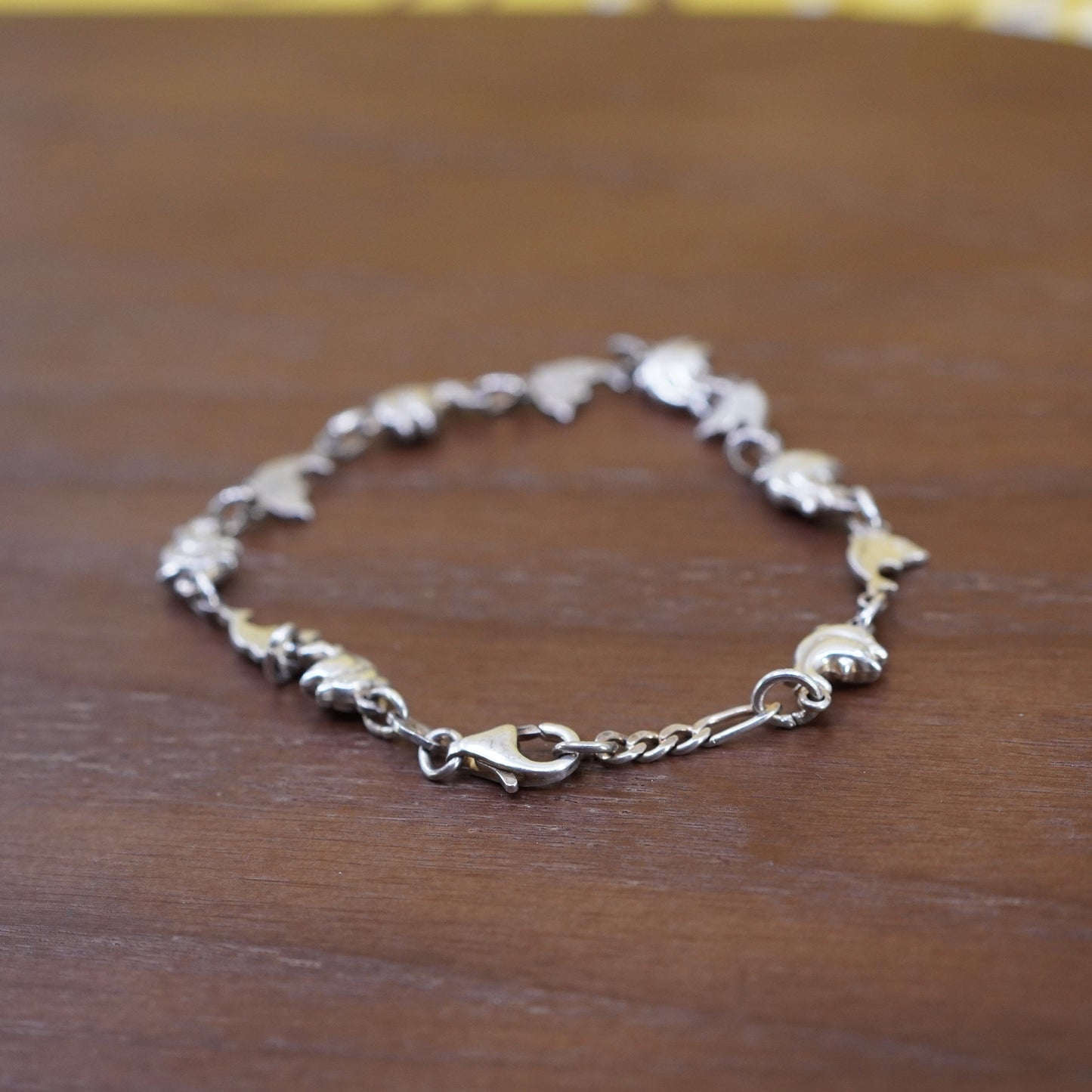 7.75”, vintage sterling 925 silver handmade bracelet, chain with dolphin charms