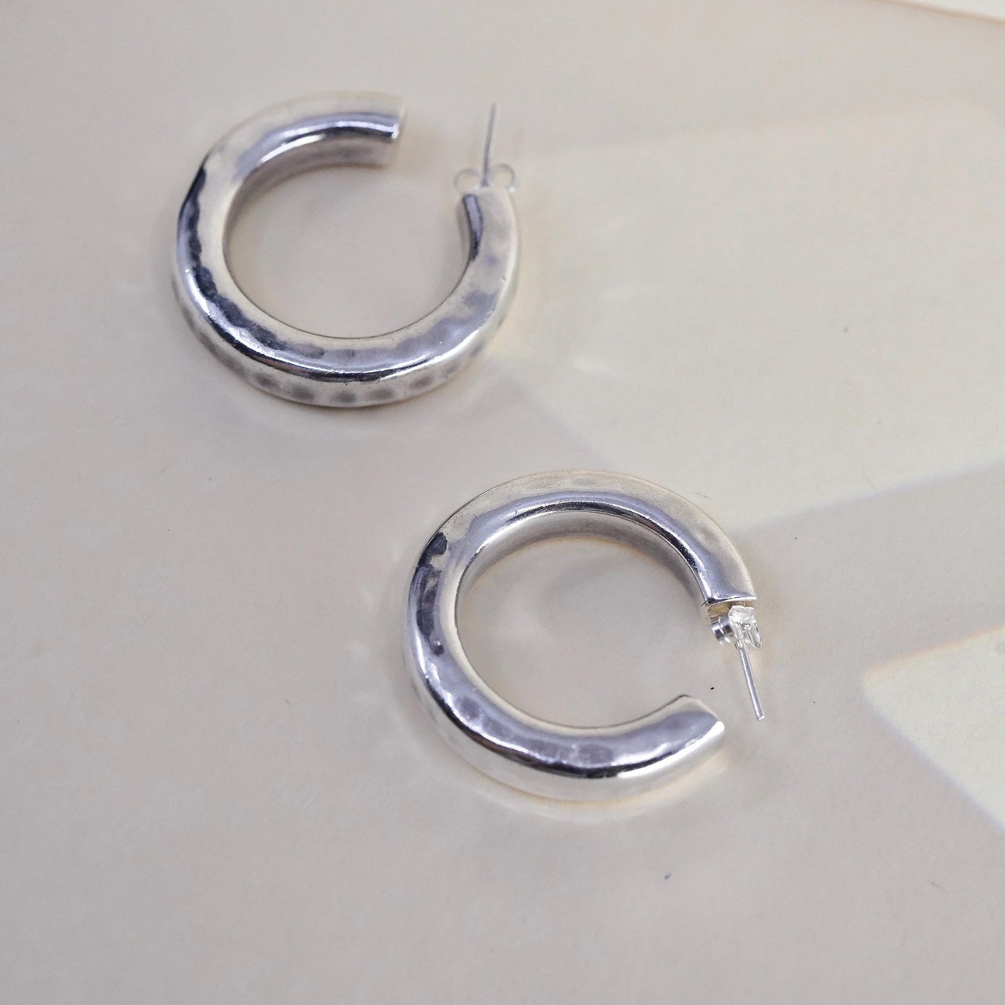1.25” Vintage sterling 925 silver earrings, hammered textured bold hoops studs
