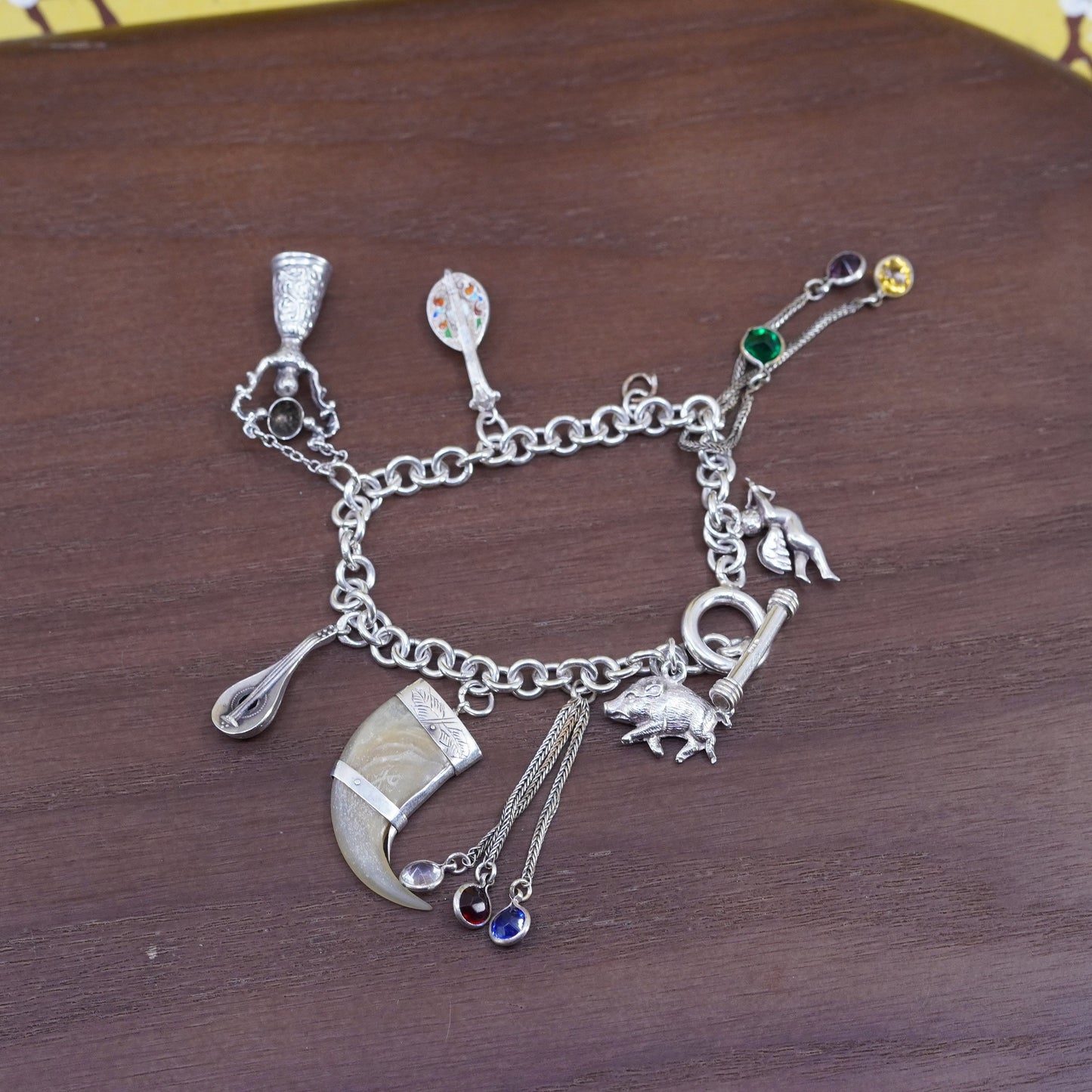 6” Sterling silver handmade bracelet, 925 circle chain with Angel pig 8 charms