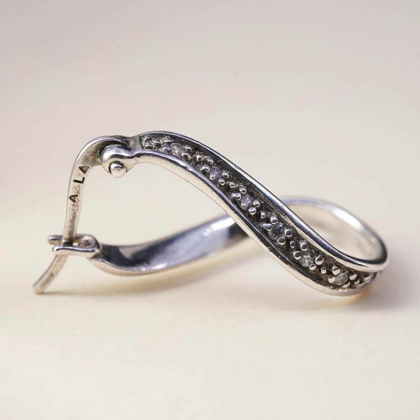 1”, Cham sterling silver single earring, 925 twisted huggie hoop with clear Cz