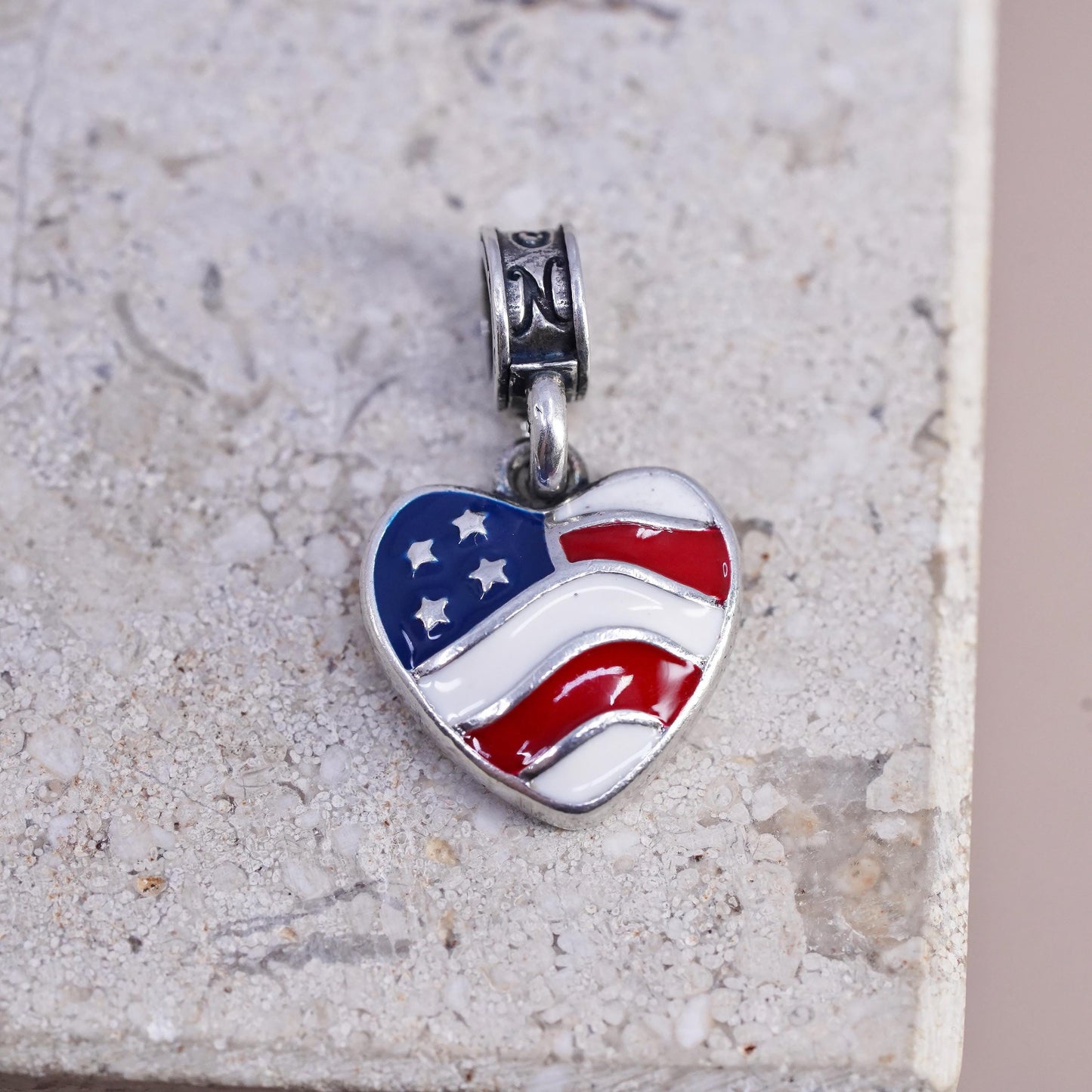 Vintage Sterling 925 silver handmade pendant, enamel American flag charm