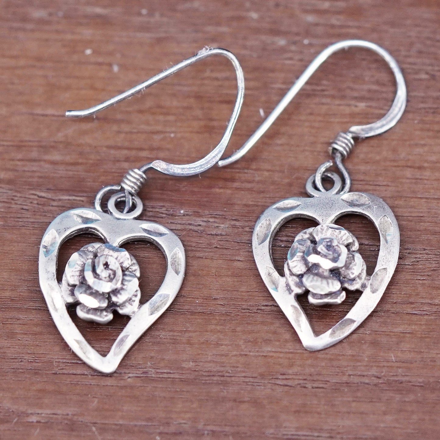 Vintage Sterling silver handmade earrings, 925 heart drops with rose flower
