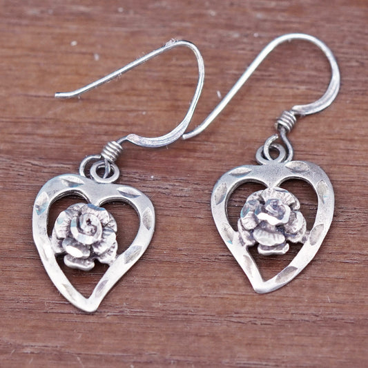 Vintage Sterling silver handmade earrings, 925 heart drops with rose flower
