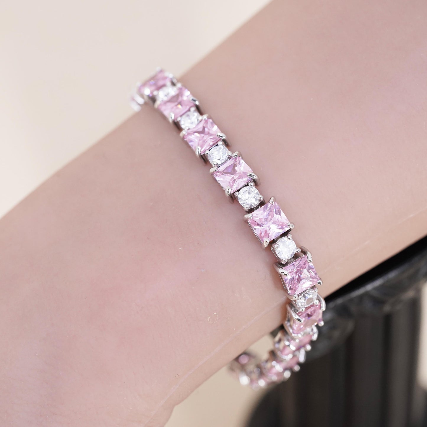 7", Vintage Sterling 925 silver tennis bracelet with square pink cz