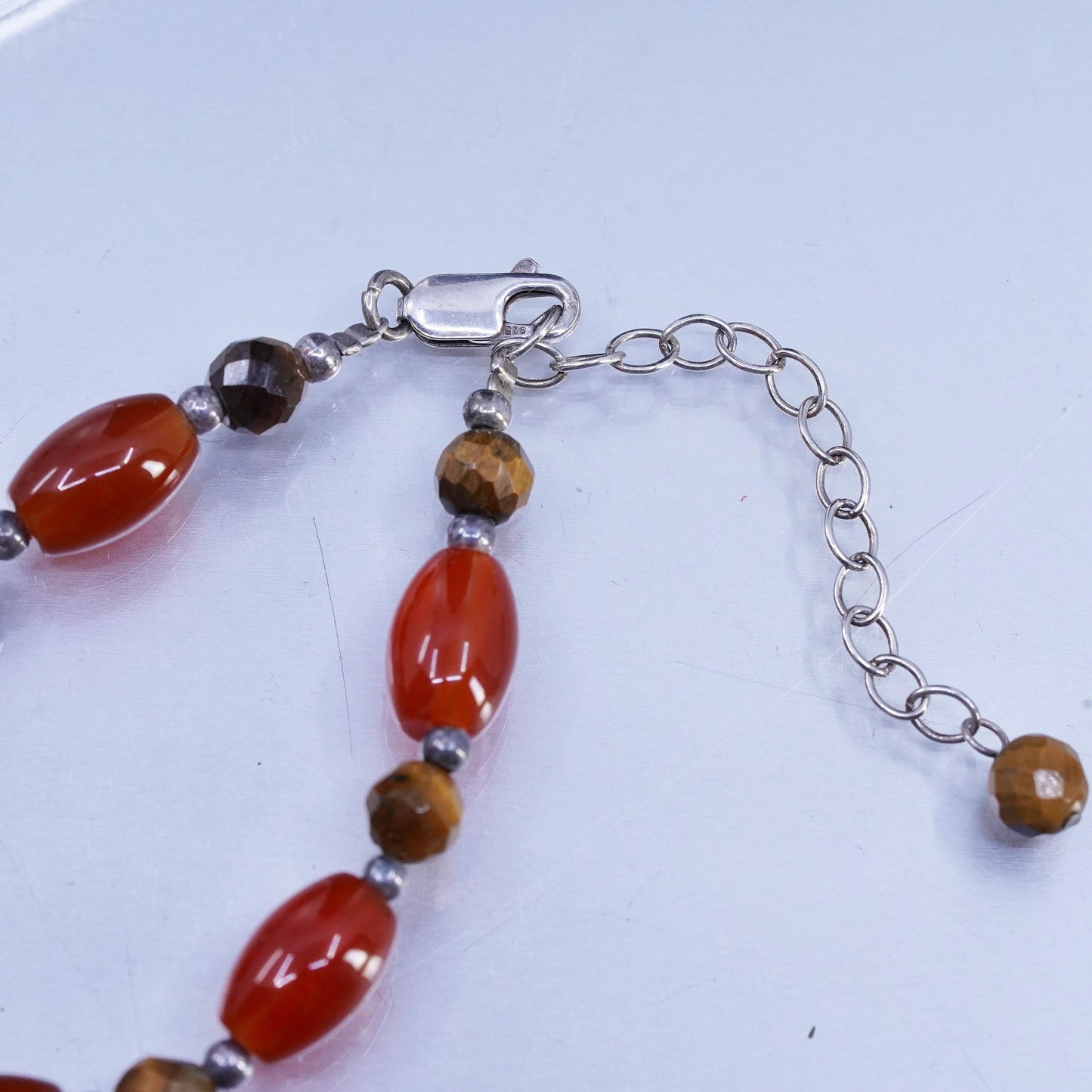 16+2", vintage Sterling 925 silver necklace w/ carnelian golden tiger eye beads