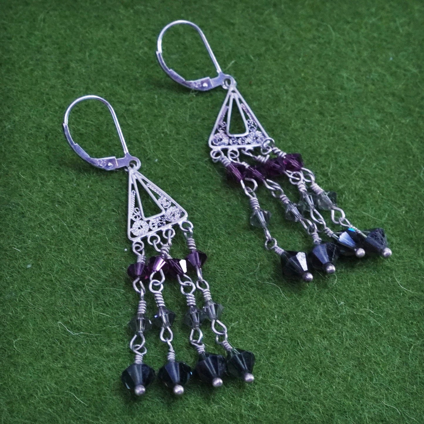 Sterling silver handmade huge earrings, 925 filigree swirly dangles c crystal