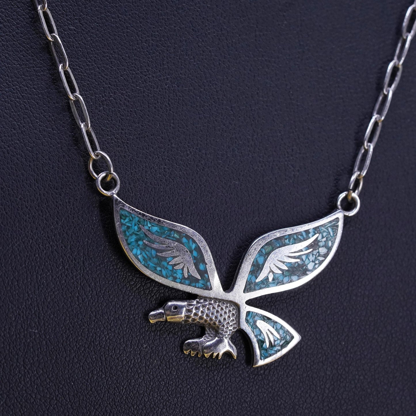 18" Native American Sterling 925 silver elongated chain necklace eagle pendant