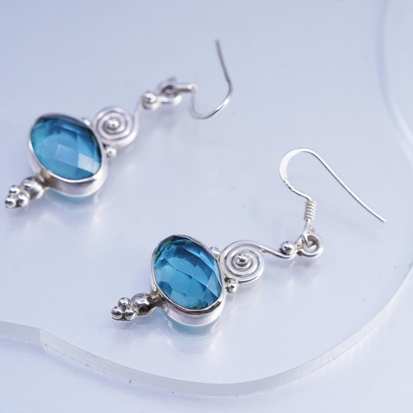 Vintage Sterling 925 silver handmade spiral earrings with blue crystal