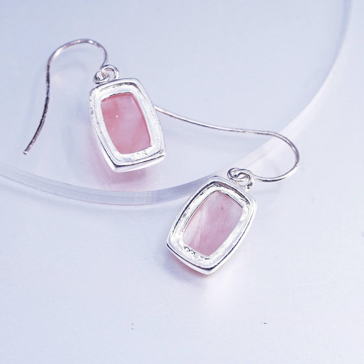 Vintage Sterling 925 silver handmade earrings with pink rose quartz