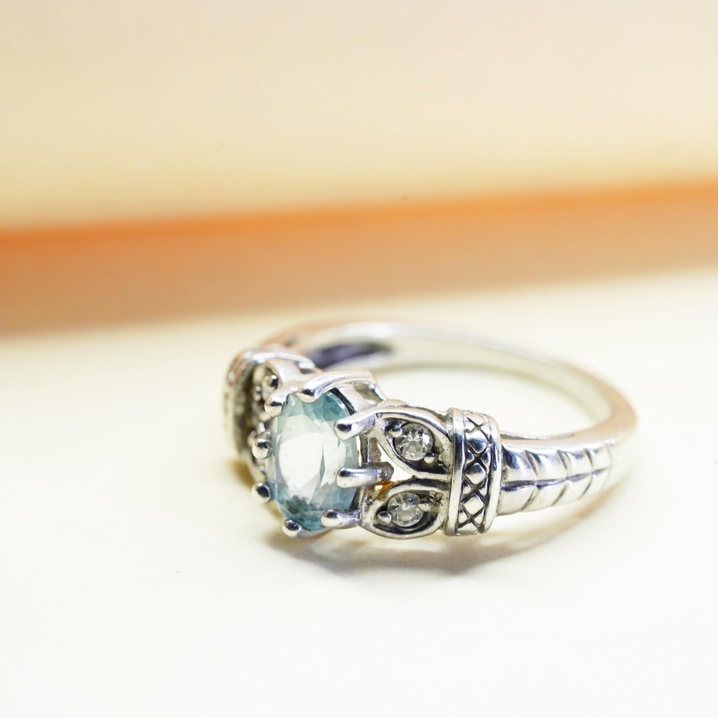 Size 7, vintage sterling silver handmade ring, 925 with blue topaz and cz