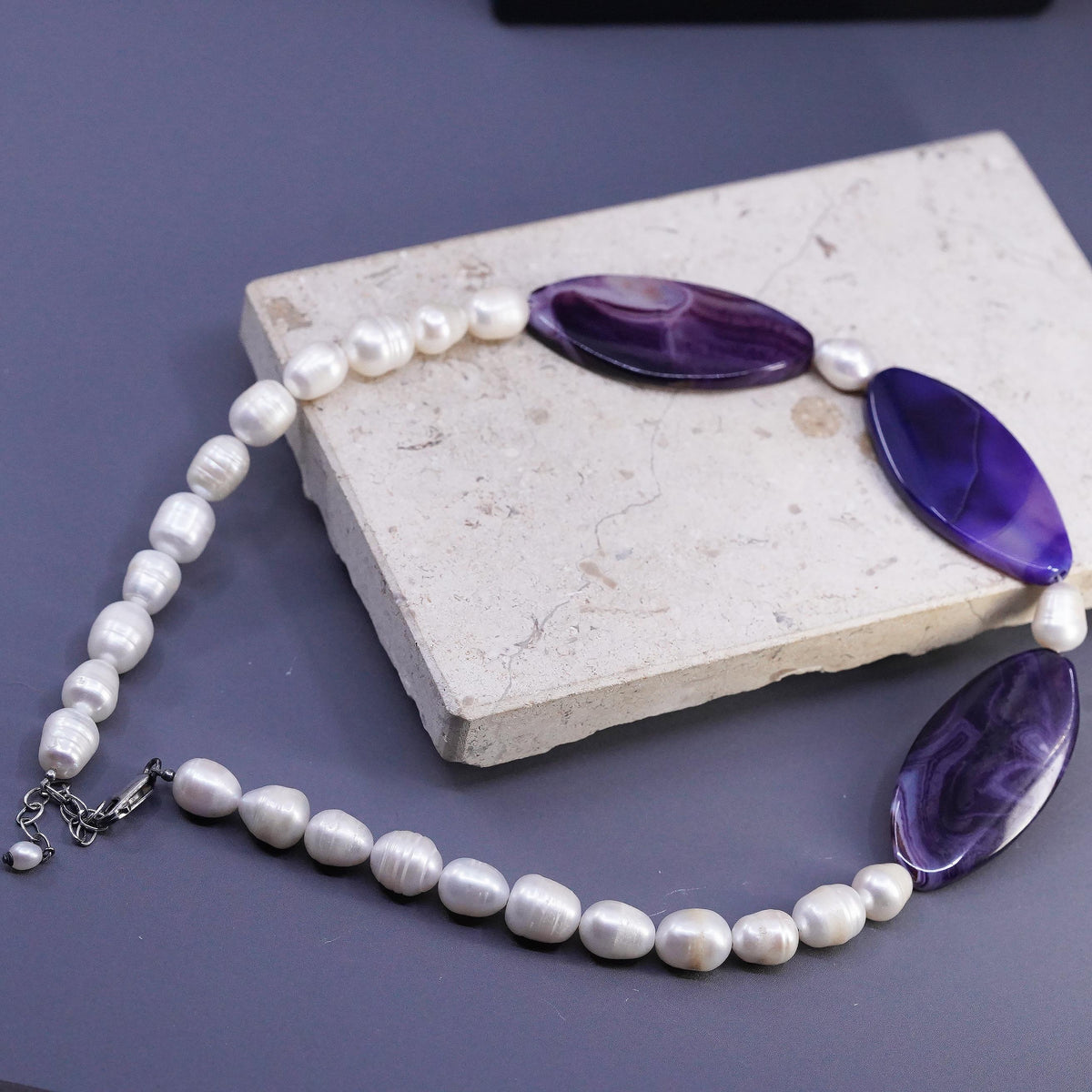 18+2", vintage Sterling 925 silver necklace 9mm freshwater pearls purple agate