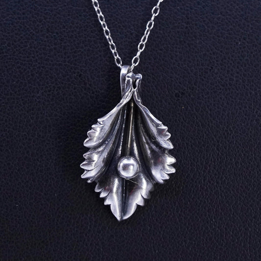 18", vintage Sterling 925 silver handmade circle chain necklace w/ leaf pendant