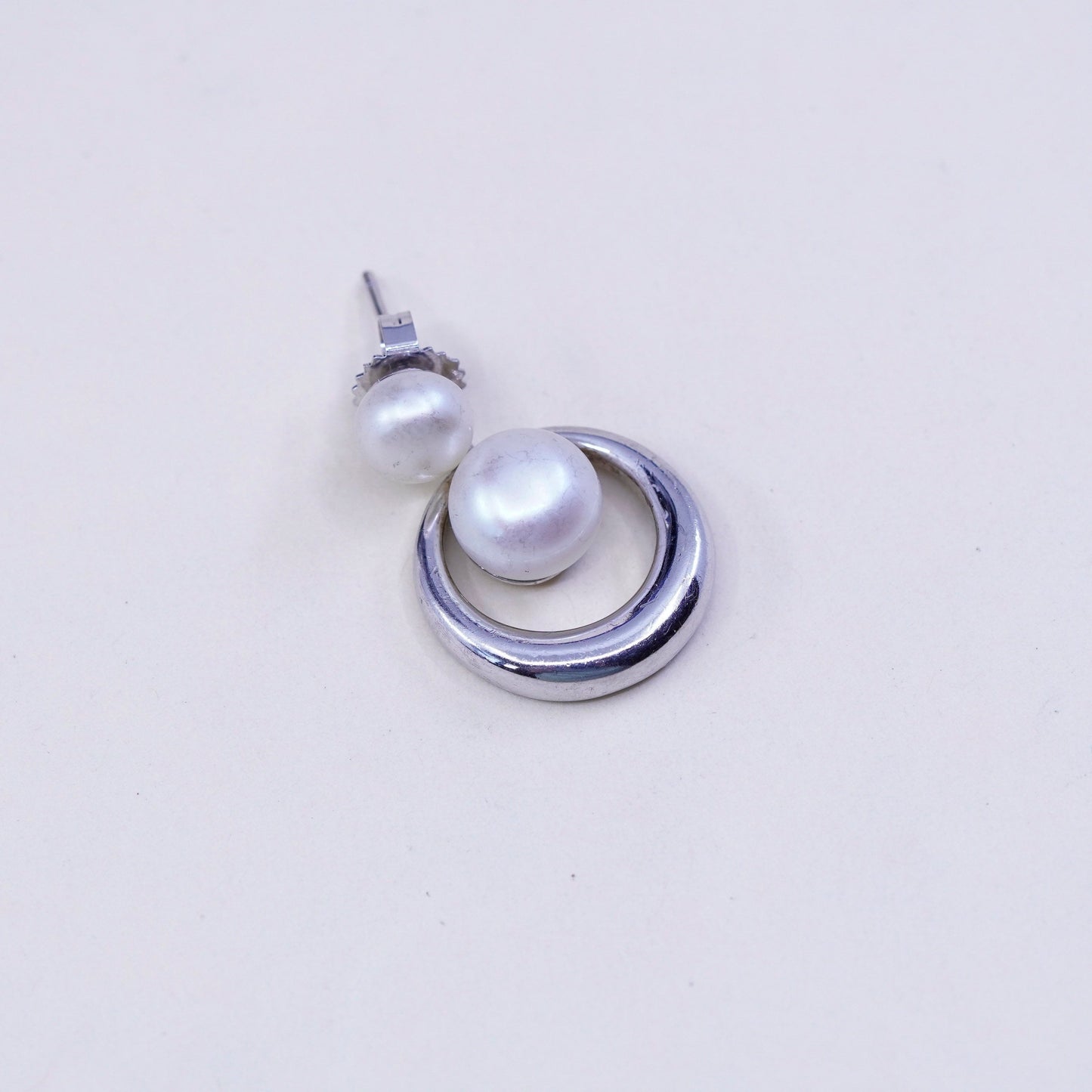 Vintage sterling silver handmade earrings, 925 circle dangles with pearl
