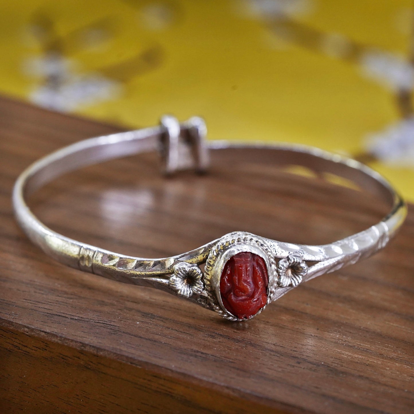 Vintage Sterling silver handmade bracelet, 925 baby bangle with carved cinnabar