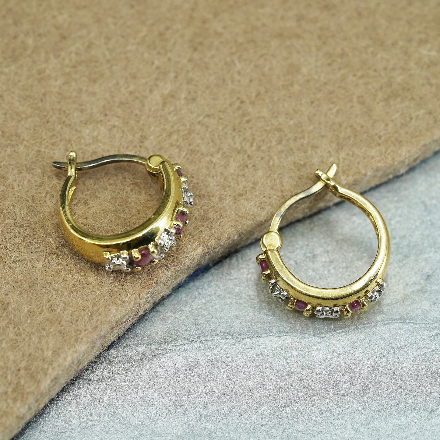 0.5”, vermeil gold over Sterling silver earrings, 925 huggie hoops ruby diamond