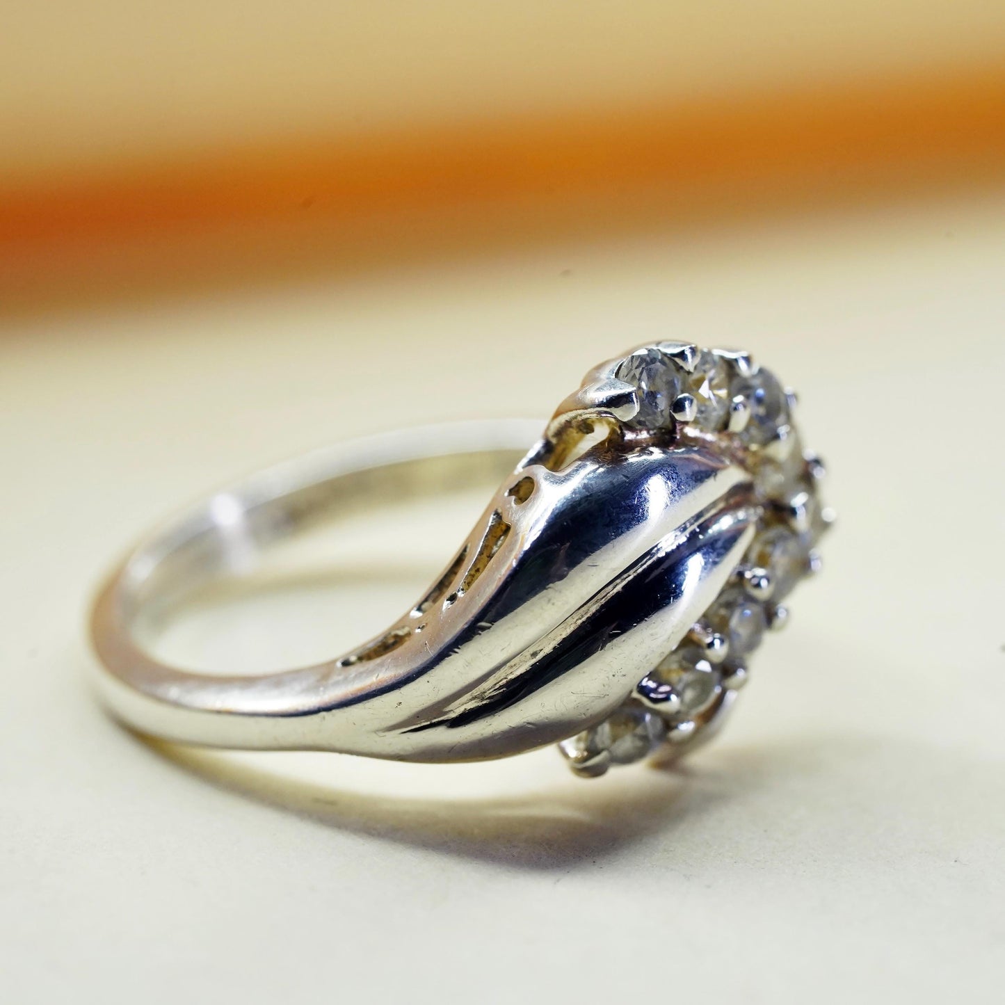 Size 6, vintage sterling 925 silver wavy band ring with CZ details