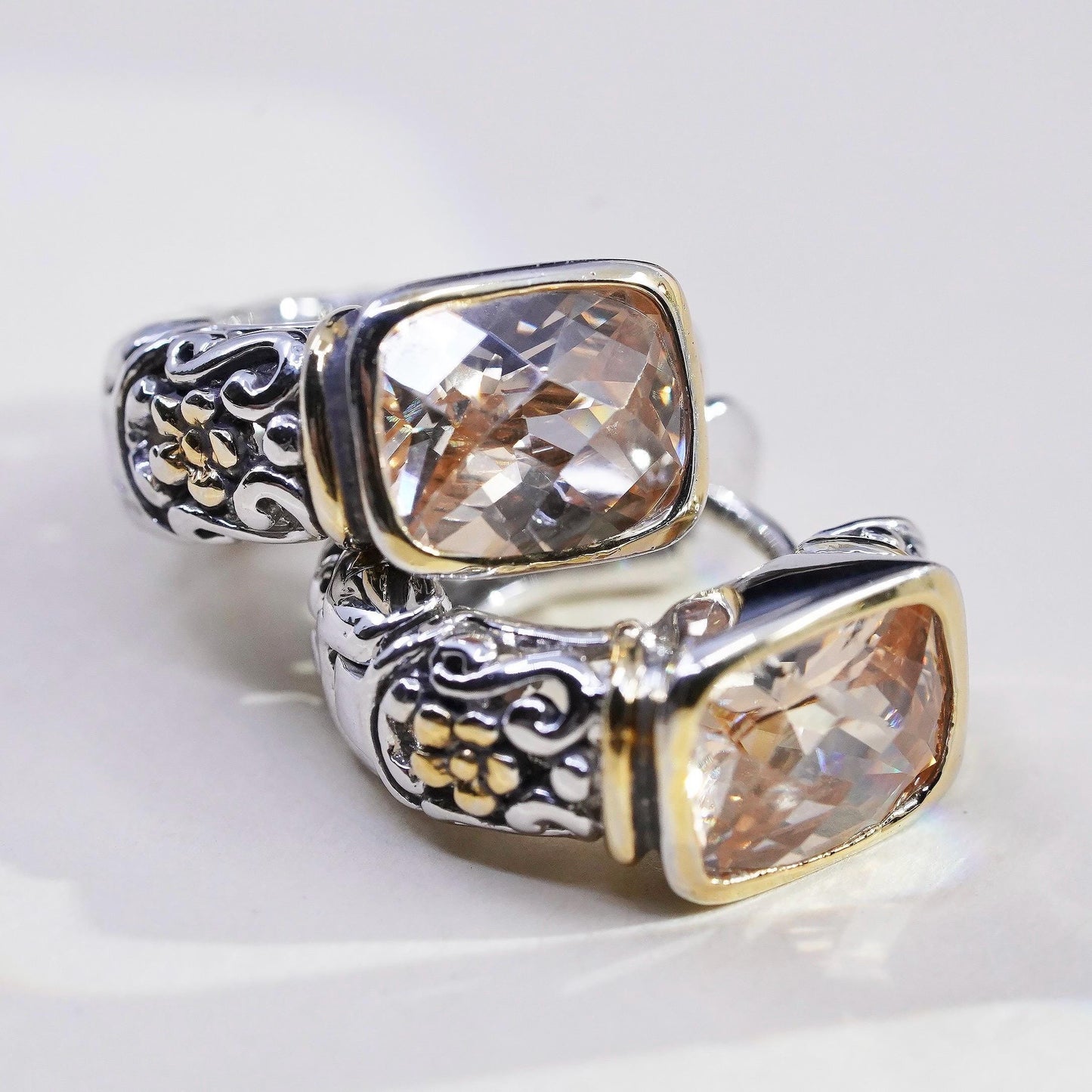 Vintage sterling silver earrings, filigree floral 925 huggie hoops citrine