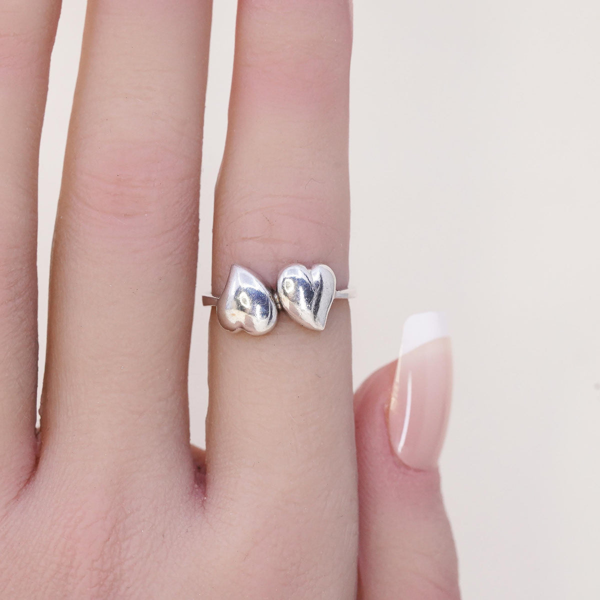 Size 6, Vintage sterling silver handmade ring, 925 double heart band