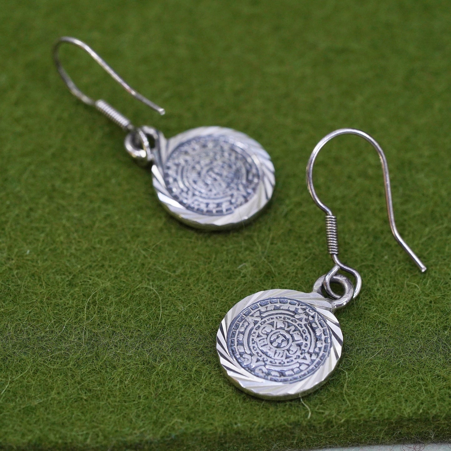 Vintage mexico sterling silver handmade earrings, 925 mayan calendar tag dangle