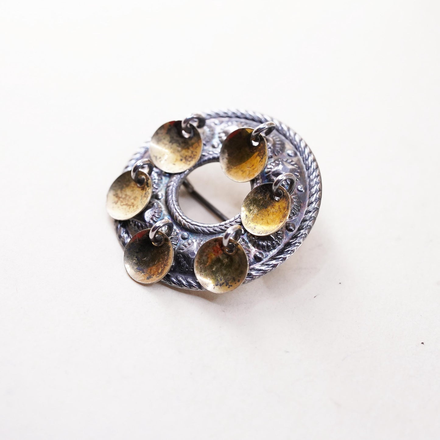 Norway Sterling Silver Brooch 925, Nordic Folk Pin with Discs, Tribal Jewelry