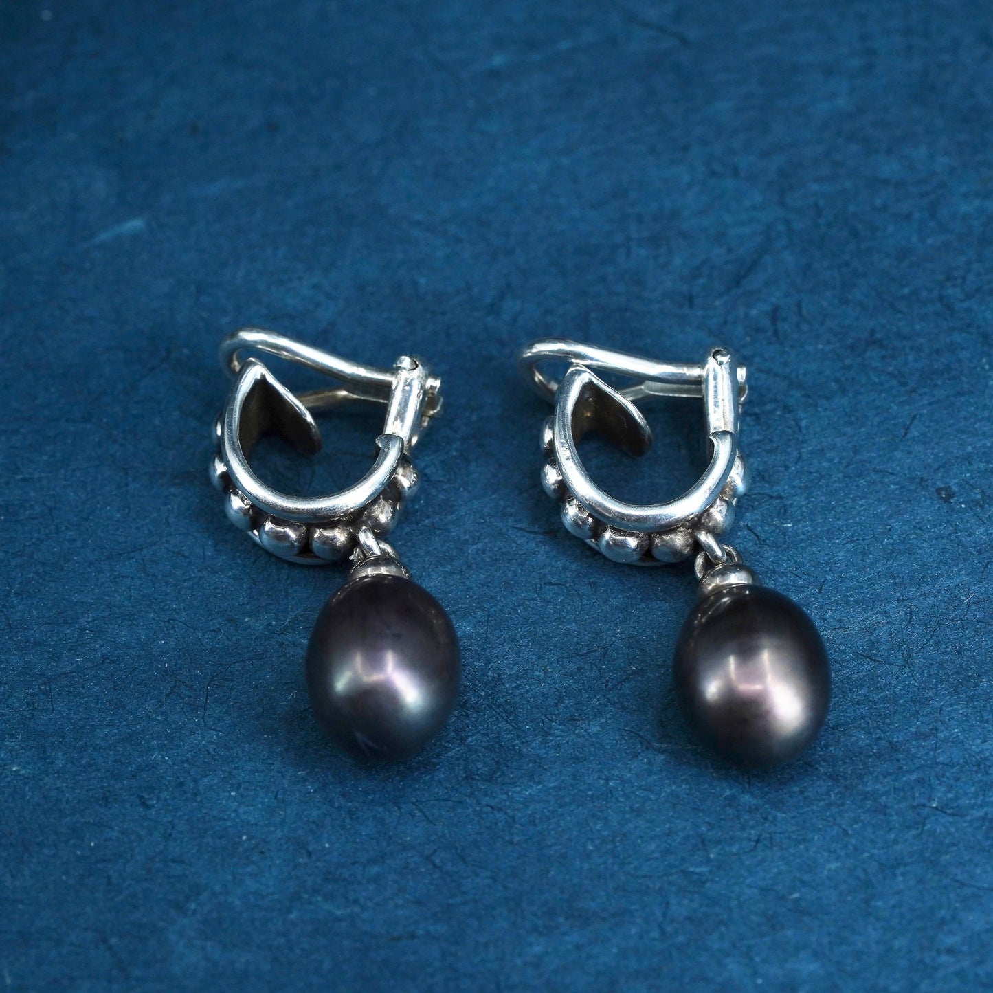 Vintage sterling silver 925 handmade clip on earrings with black pearl beads