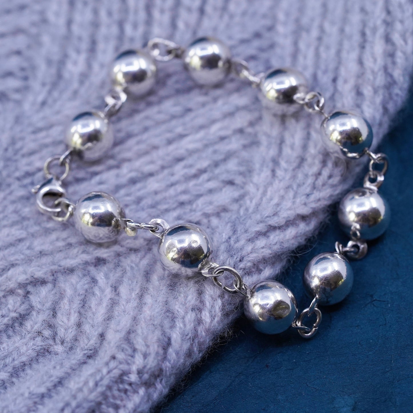 6.75", 9mm, vintage Sterling silver handmade bracelet, 925 beads bracelet