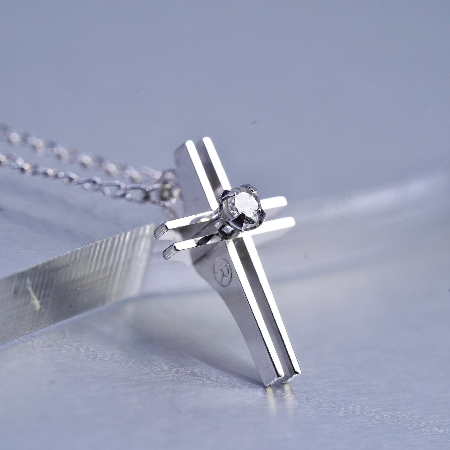 16", vintage Sterling 925 silver handmade curb necklace with cz cross pendant