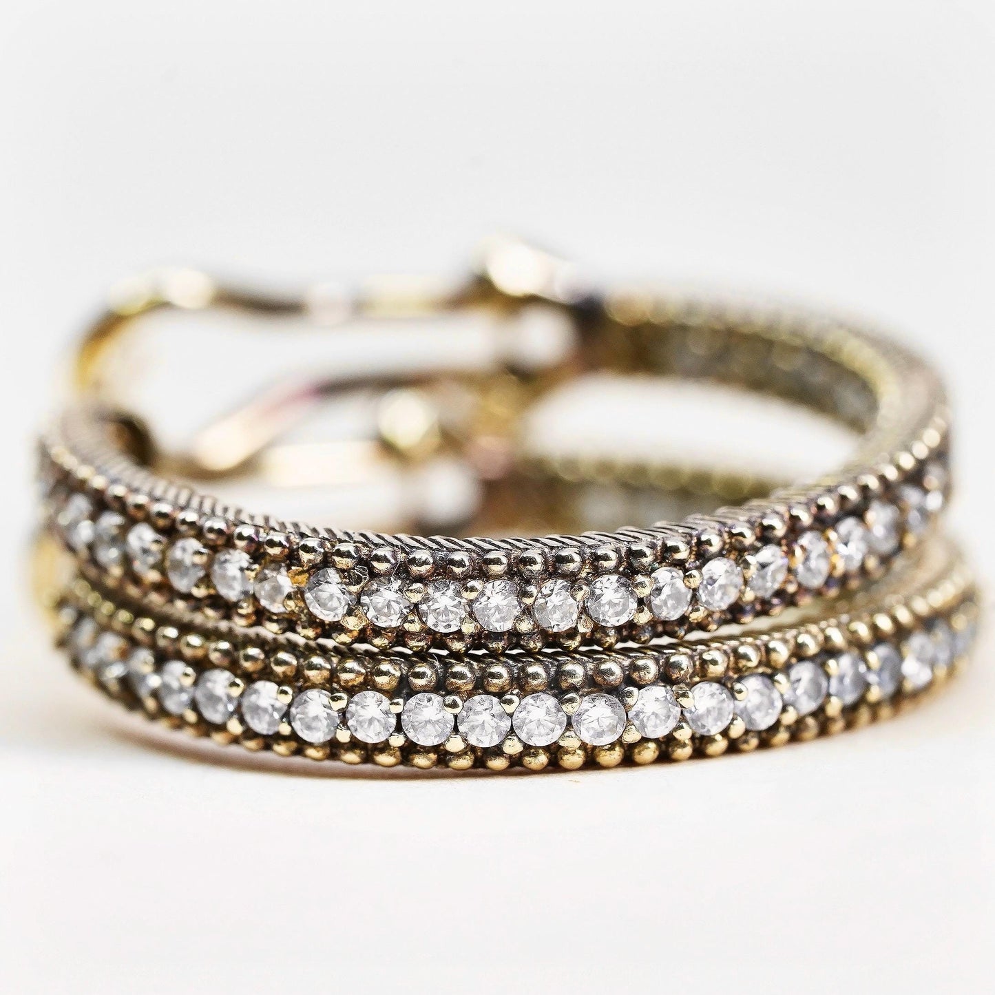 1", Judith Ripka gold plated sterling silver earrings, 925 textured hoops Cz