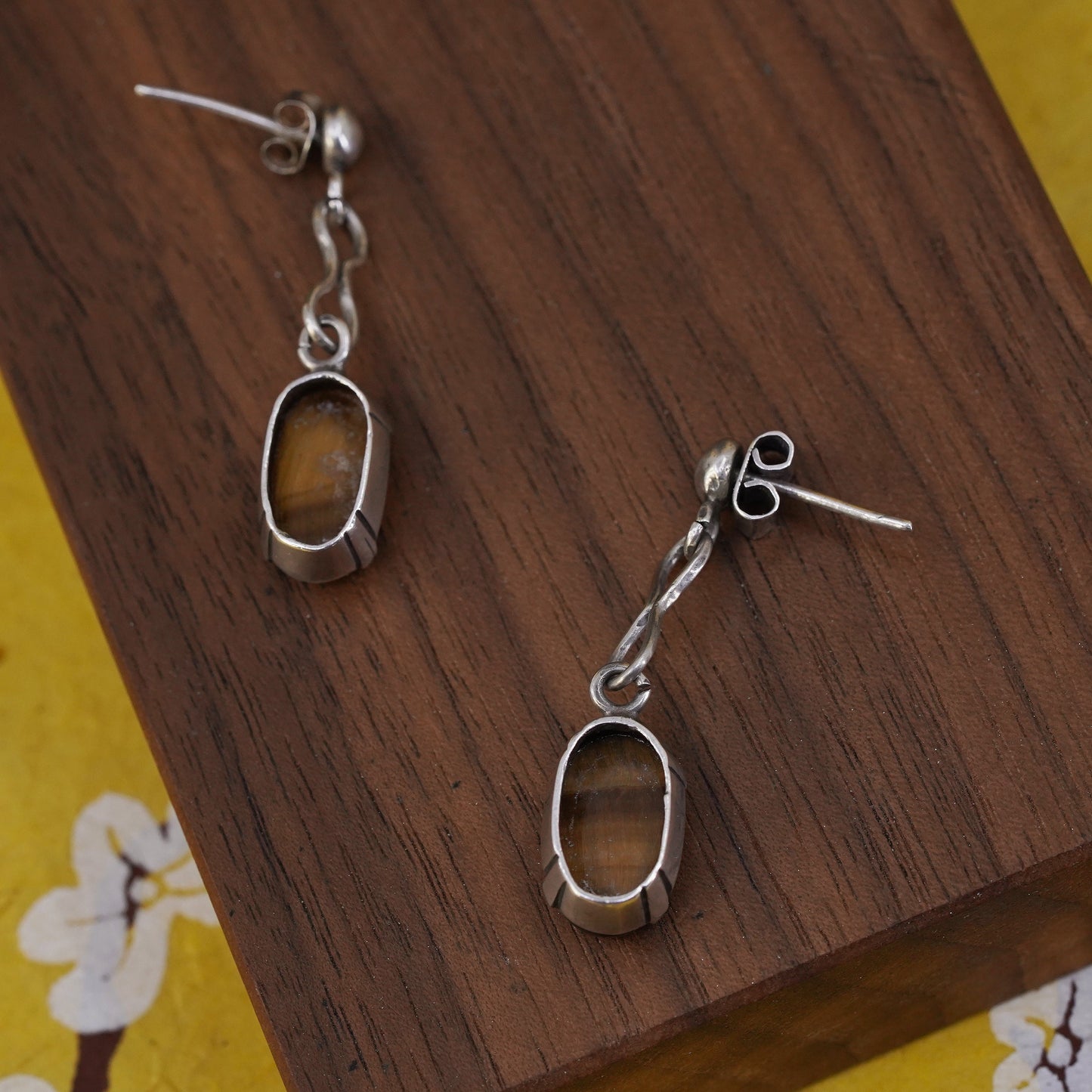 Vintage Sterling 925 silver handmade earrings with golden tiger eye beads