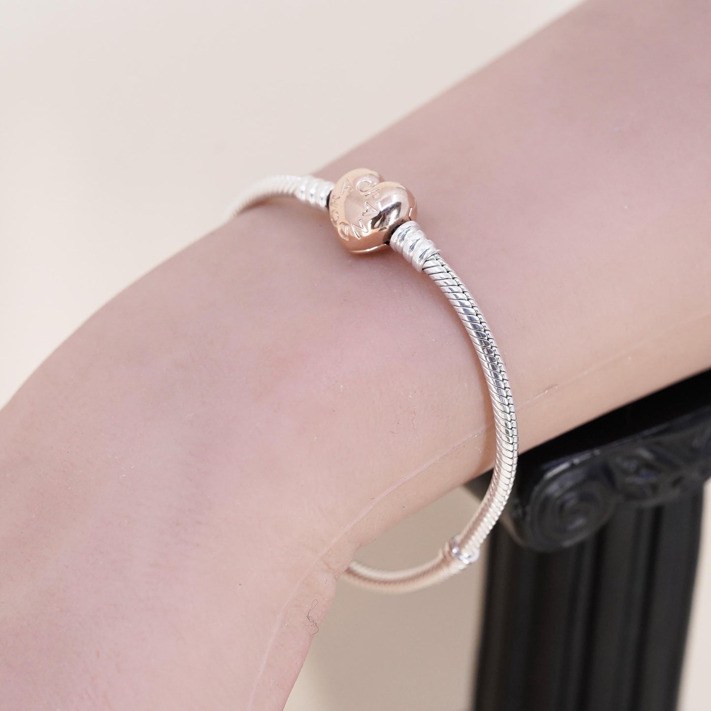6.75” Pandora two tone sterling silver bracelet, 925 snake rose gold heart