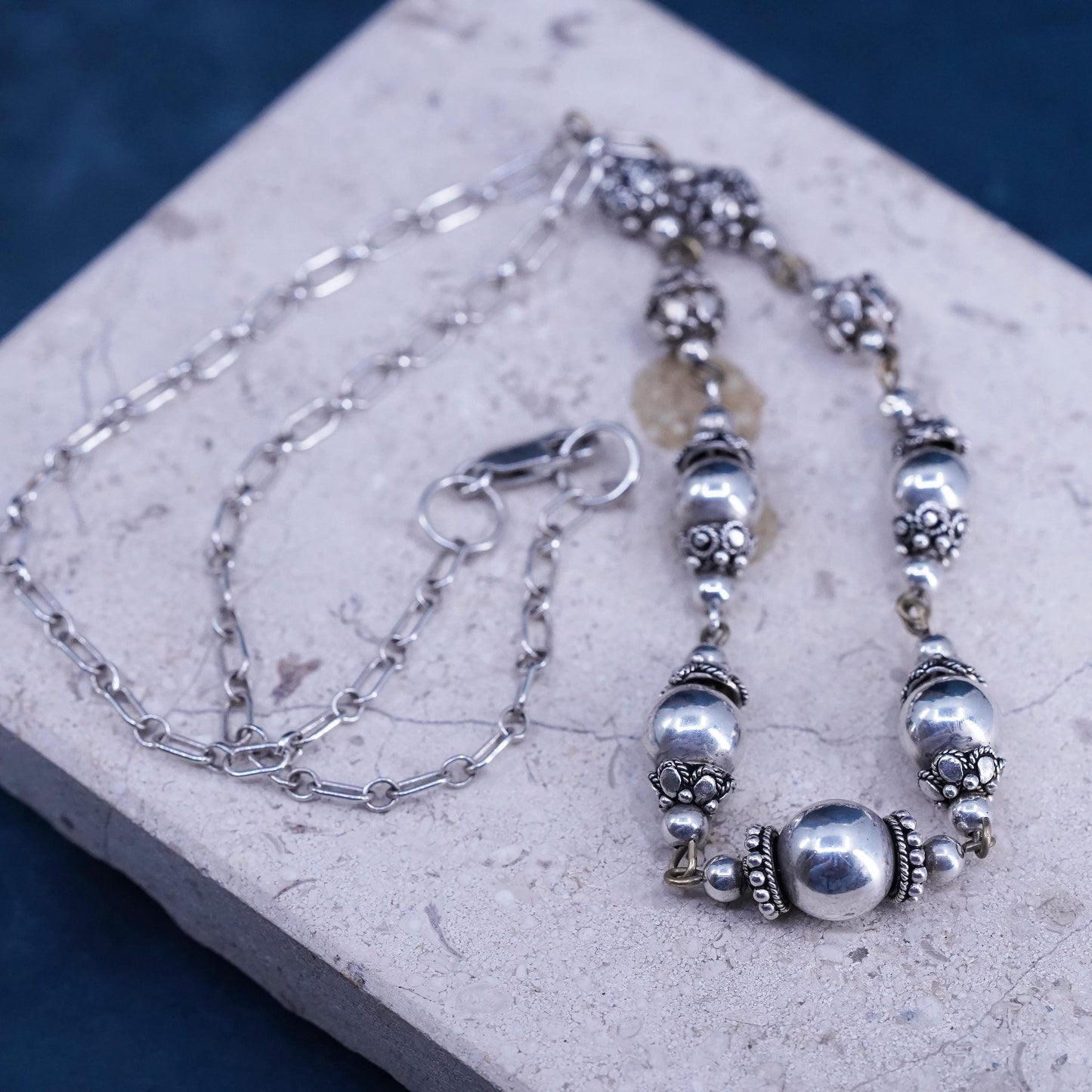 19”, vintage Sterling silver handmade necklace, 925 elongated chain 10mm beads