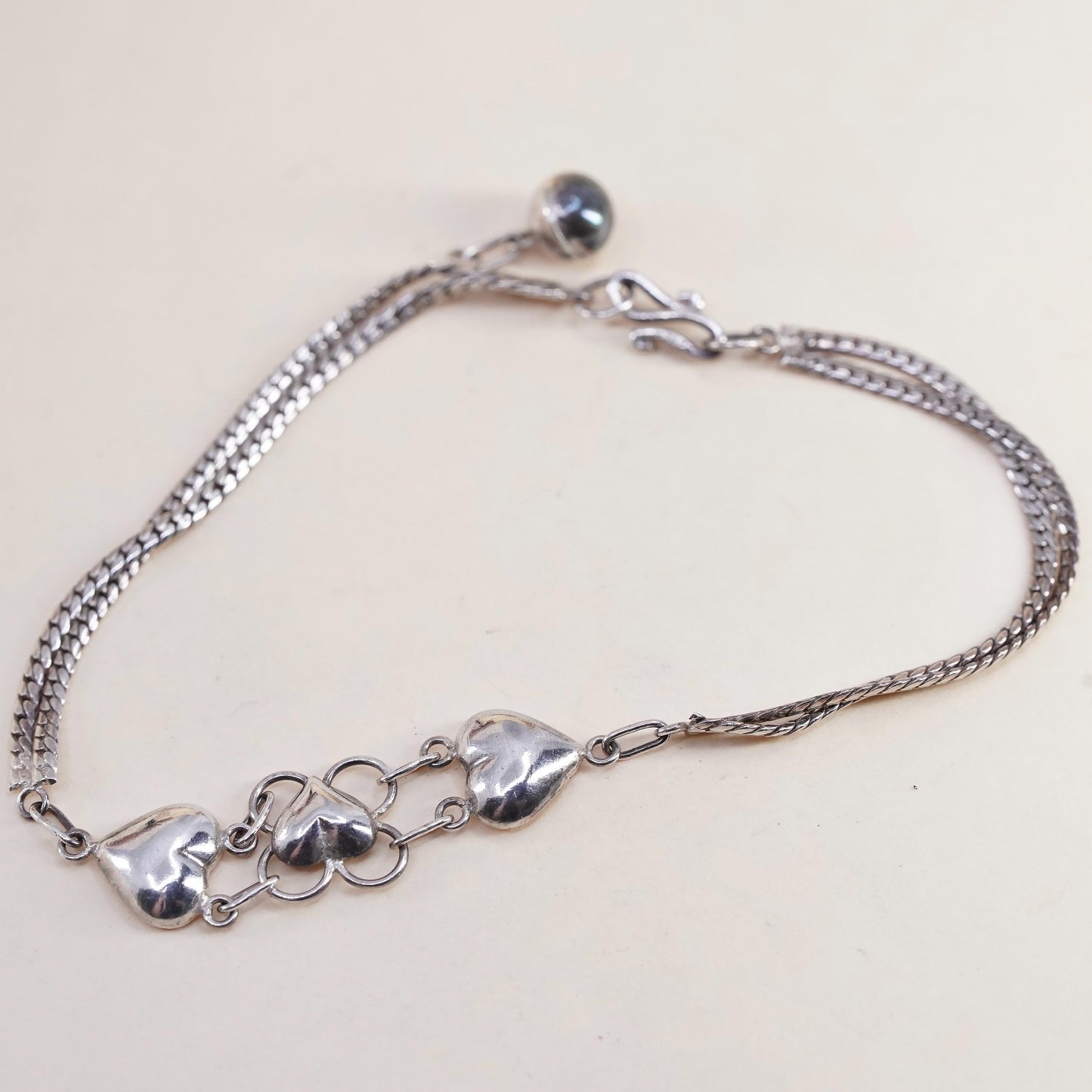 7”, vintage Sterling Silver Bracelet, 925 curb chain with heart and bell chime