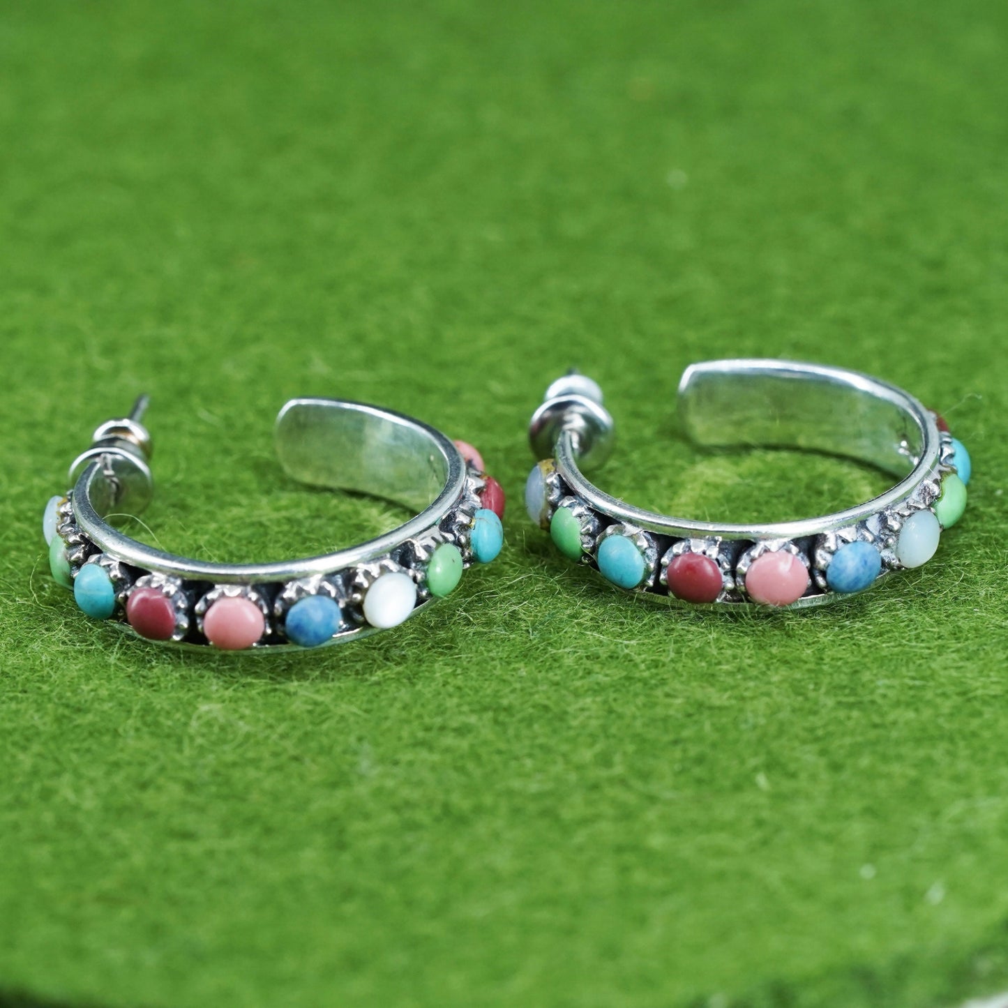 1”, southwestern Sterling 925 silver huggie hoops earrings turquoise obsidian