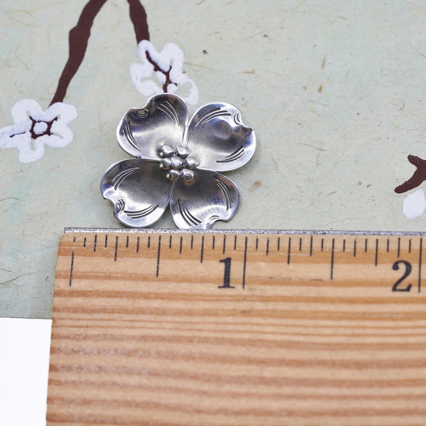 Vintage sterling silver dogwood flower shaped brooch, fine 925 silver brooch