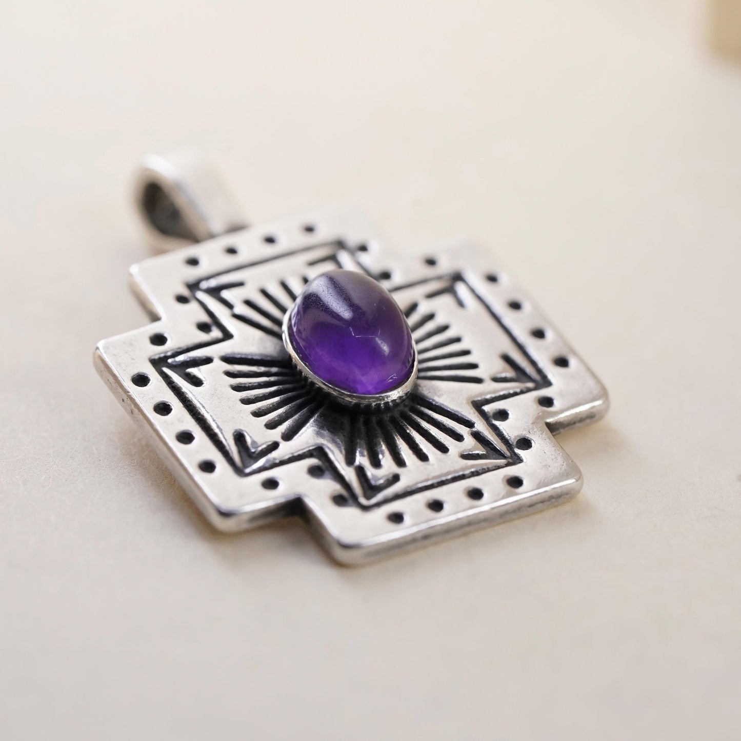 Vintage southwestern Sterling 925 silver textured cross pendant with amethyst