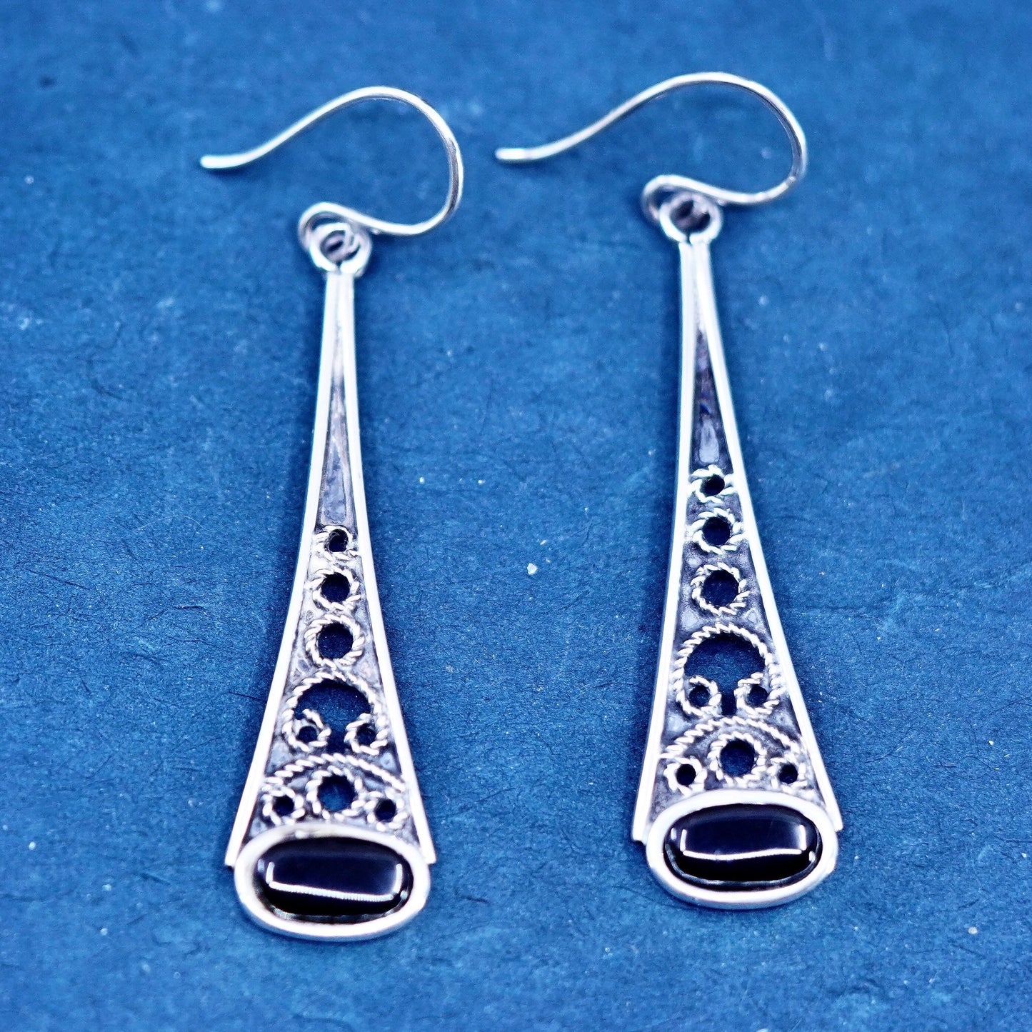 Vintage sterling 925 silver handmade filigree teardrop earrings with obsidian