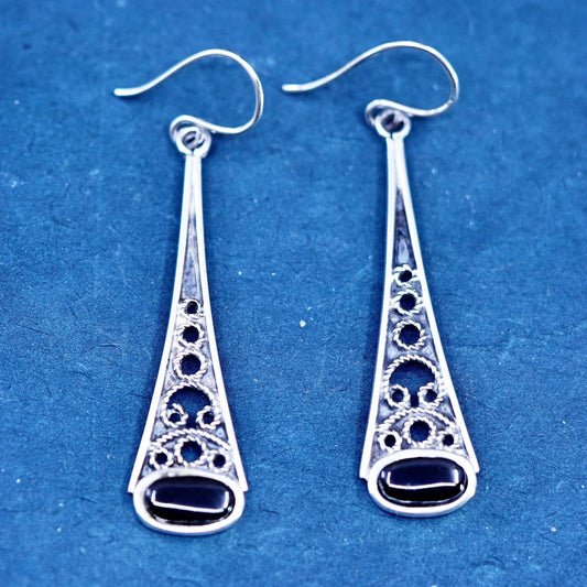 Vintage sterling 925 silver handmade filigree teardrop earrings with obsidian