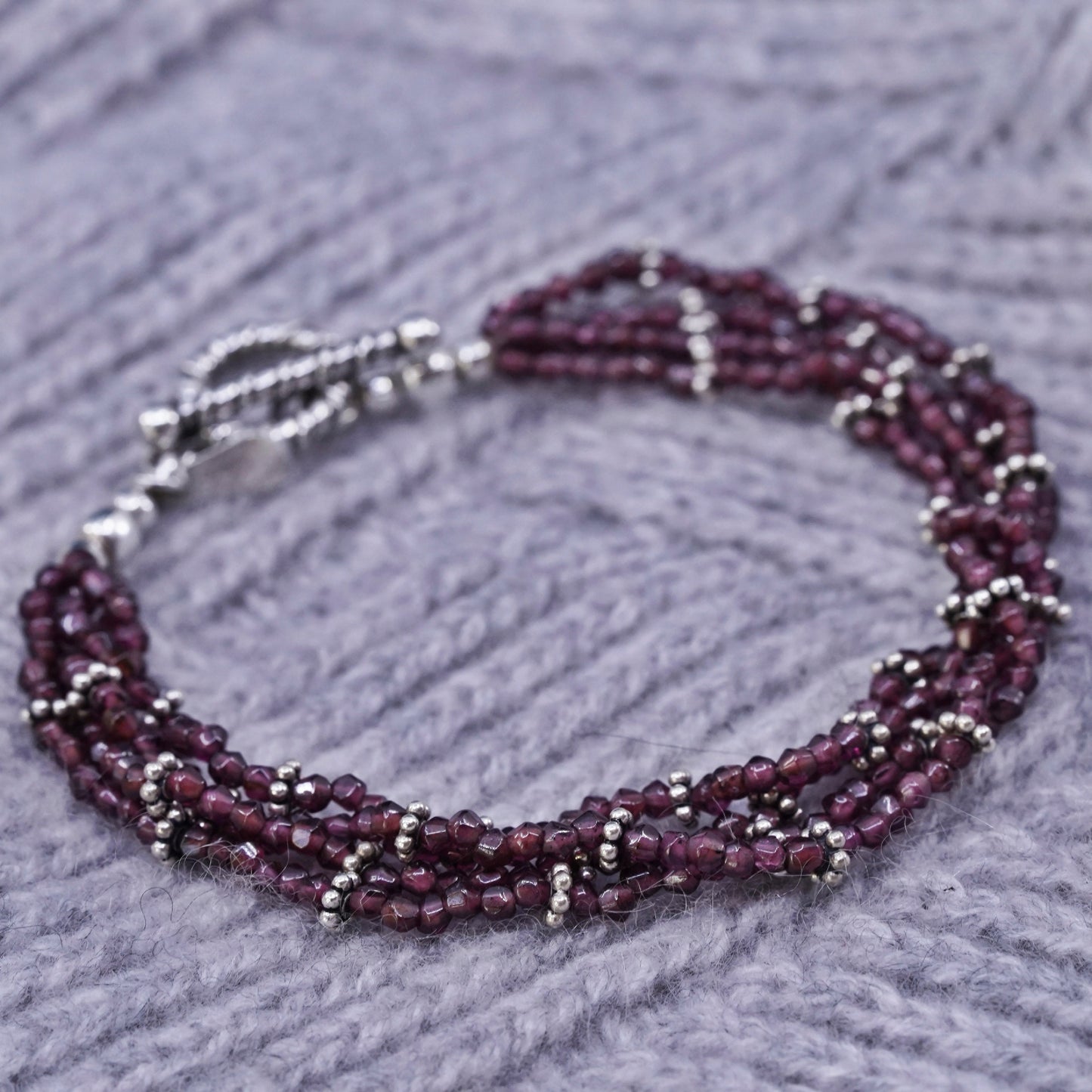 7”, sterling 925 silver handmade bracelet, multi strands garnet beads chain