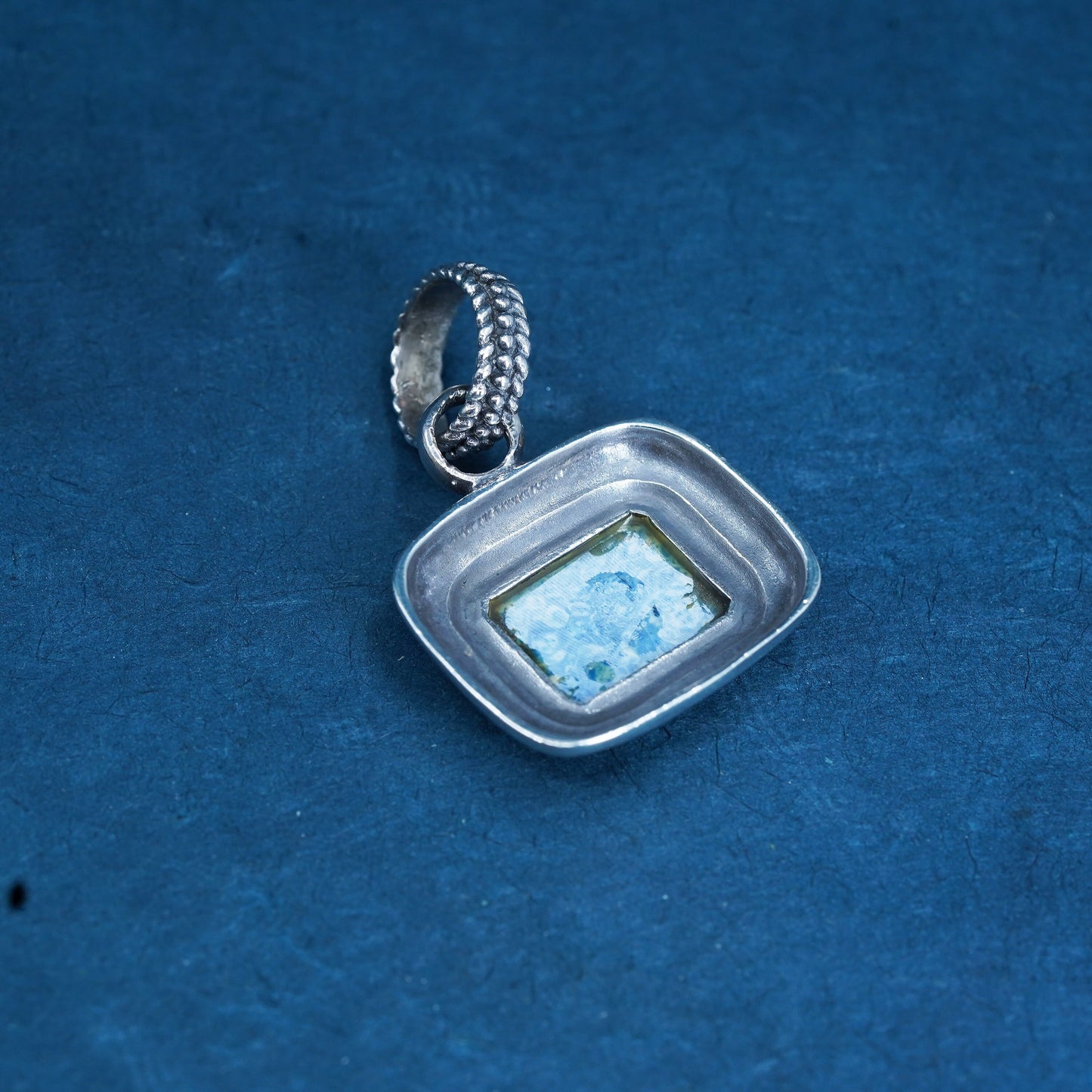 Sterling silver handmade pendant, 925 rectangular with denim lapis lazuli cable