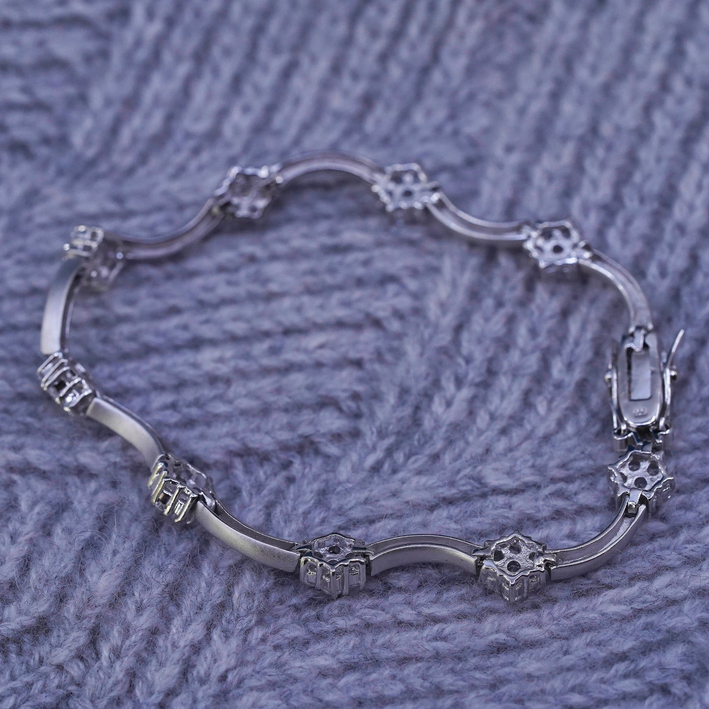 7”, vintage matte sterling 925 silver tennis bracelet with Cz flower details
